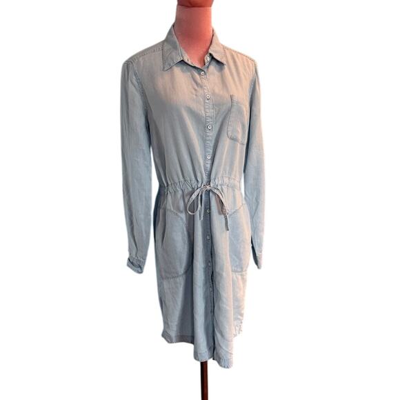 ATHLETA Chambray Shirt Dress L/S Drawstring Waist Pockets Curved Hi-Lo S Tall - Picture 1 of 7